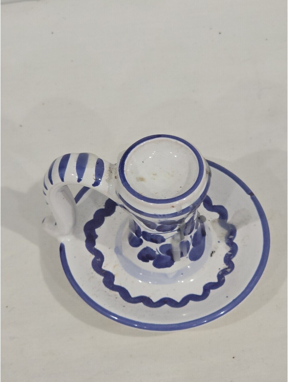 Blue White Ceramic Chamber Candlestick Holder Hand Painted Finger Loop